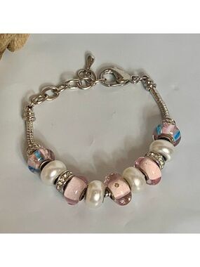Pink Pearl Rhinestone Charm Slide Bracelet 7 Inch